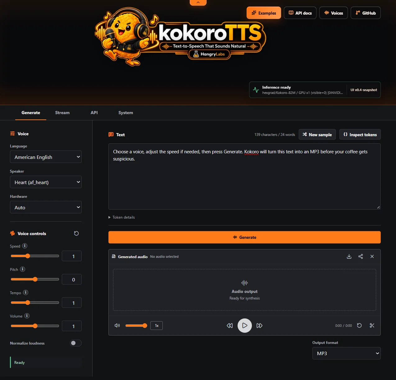 KokoroTTS browser interface with text generation and audio controls